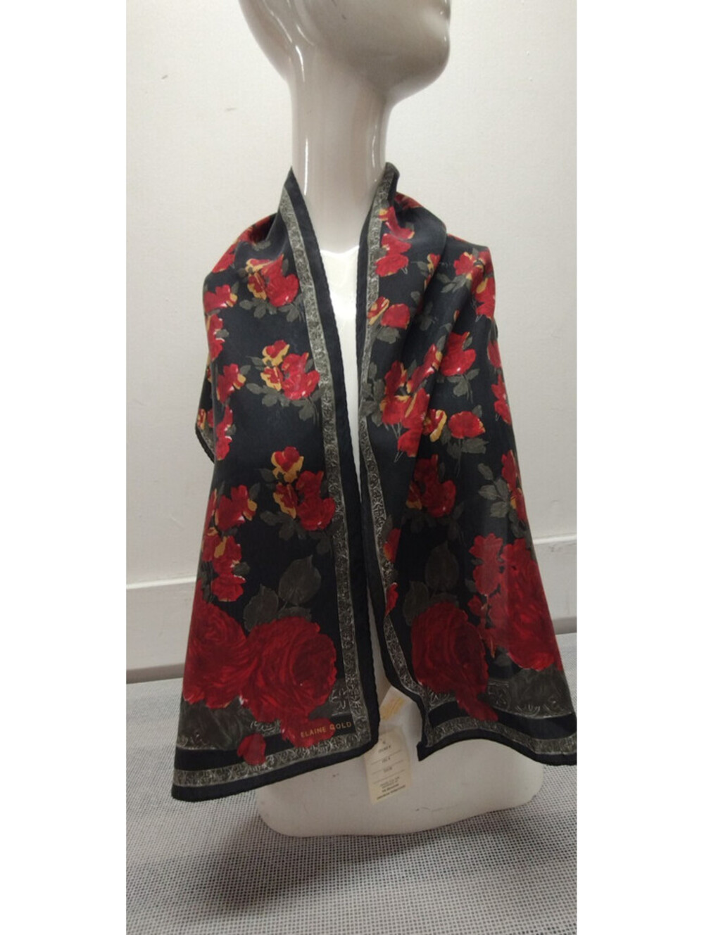 Vintage Elaine Gold Red Roses Black 100% Silk Scarf Long Rectangle NEW OLD TAG